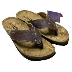 Plakton Women 10.5 43 Leather Cork Flat Thong Slide Sanals Brown Embroidery NEW